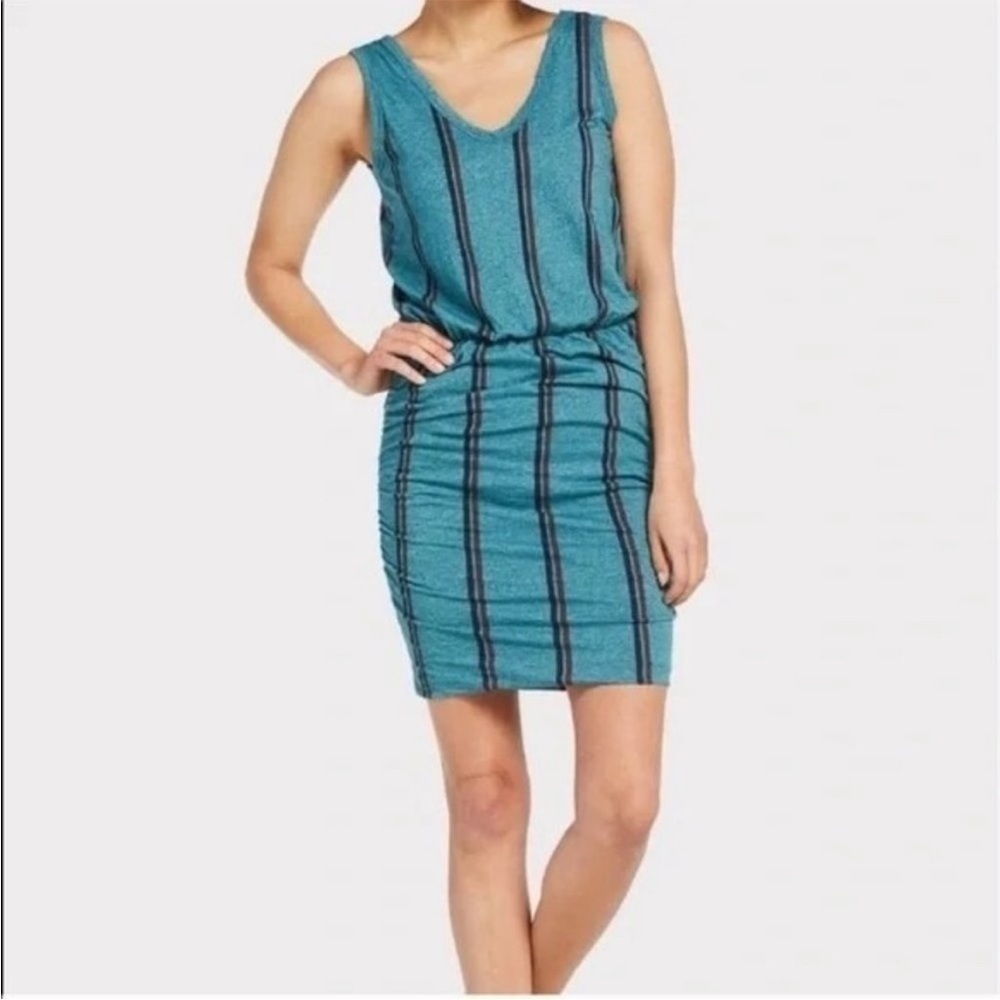 Sundry NEW Teal Stripe Scrunch Dress Sleeveless V-Neck Size 2 = Medium 8/10